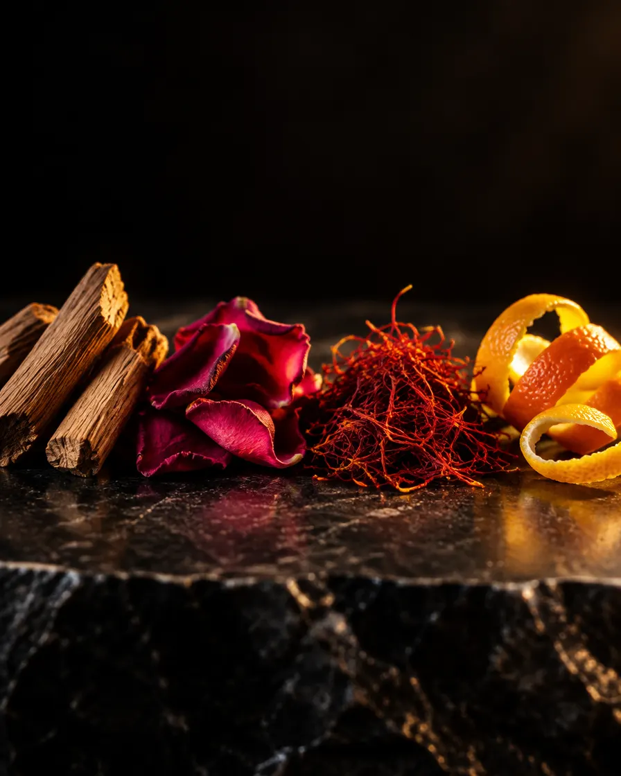 Sandalwood, rose petals, saffron and orange peel laid out on dark marble