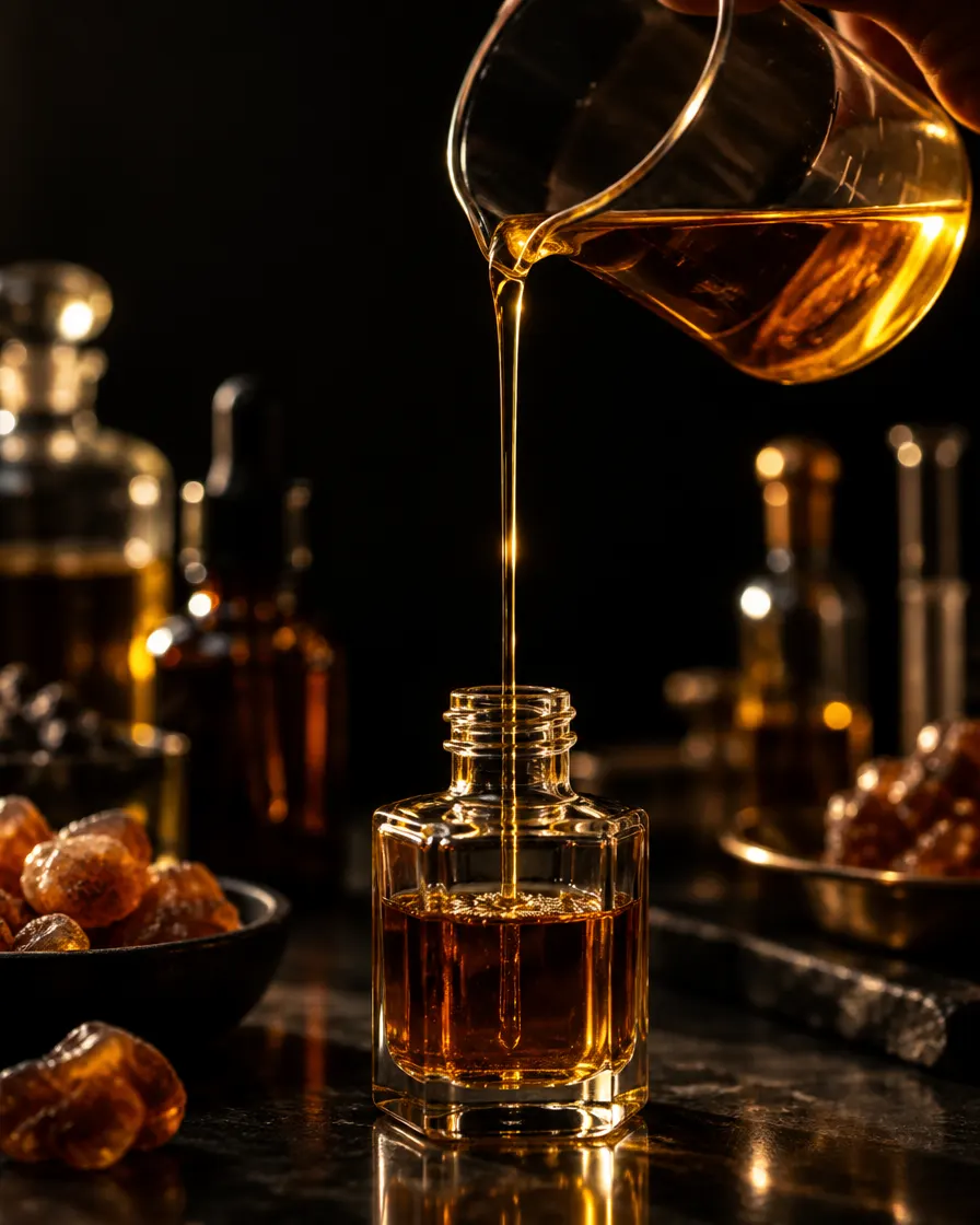Golden perfume oil being poured into a glass bottle