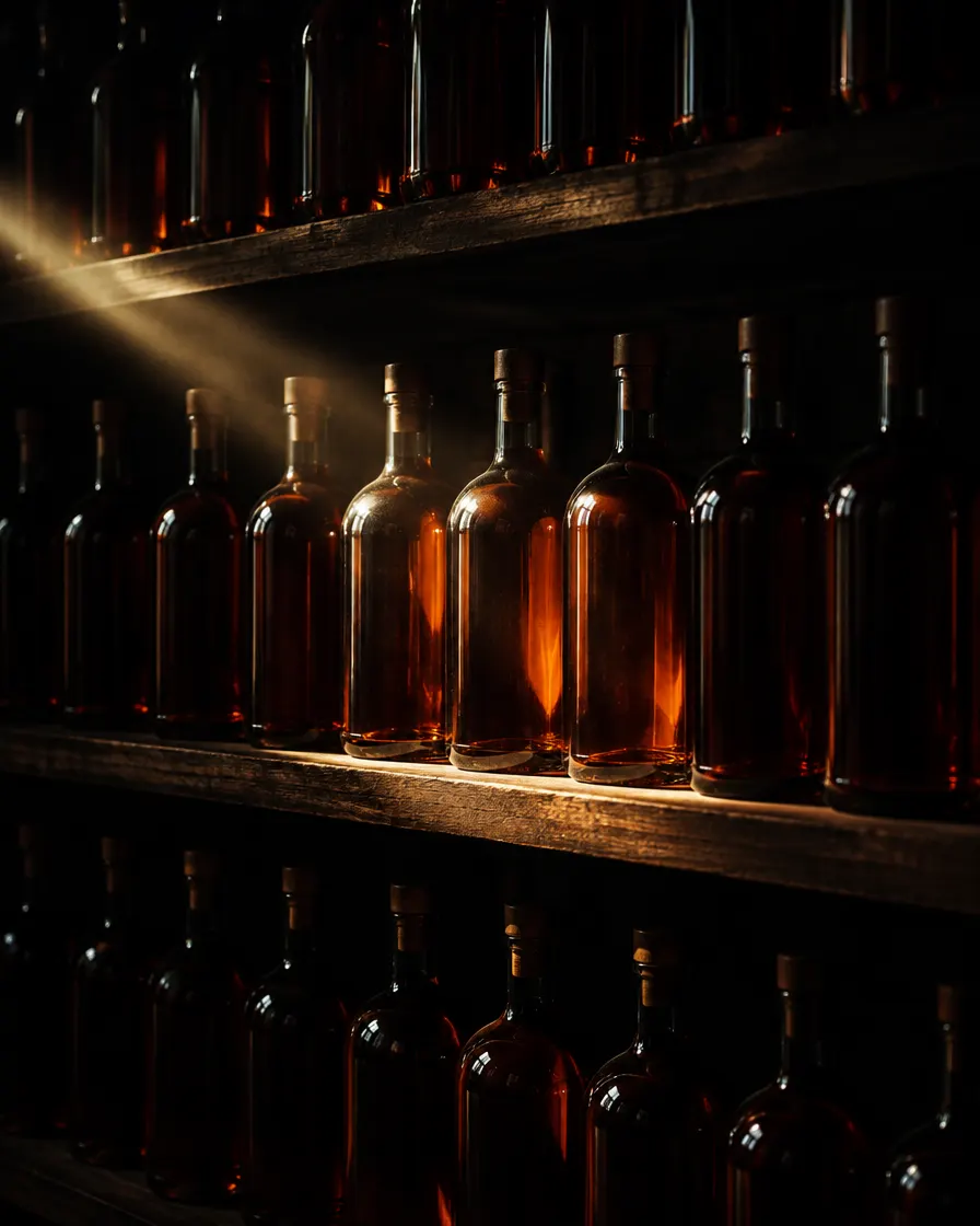 Rows of amber bottles resting on dark shelves in a shaft of light