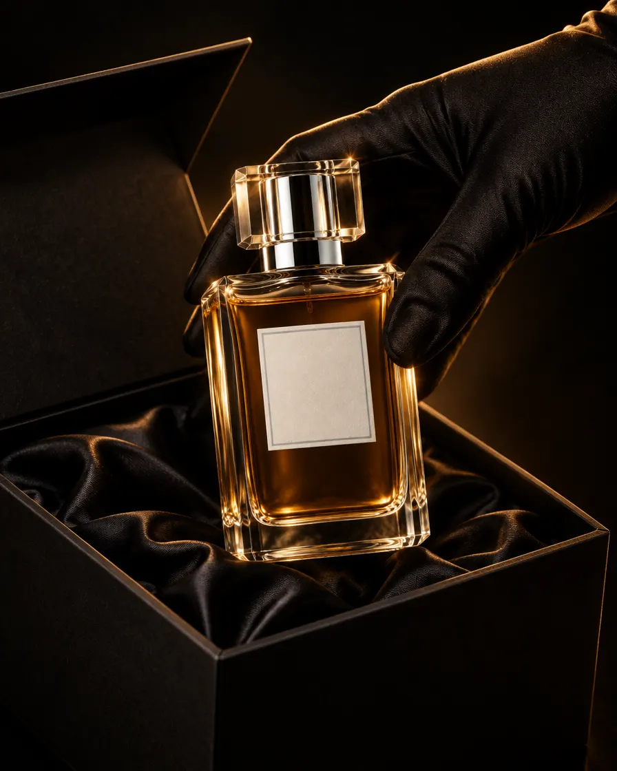 A gloved hand placing a finished bottle into a black satin-lined box