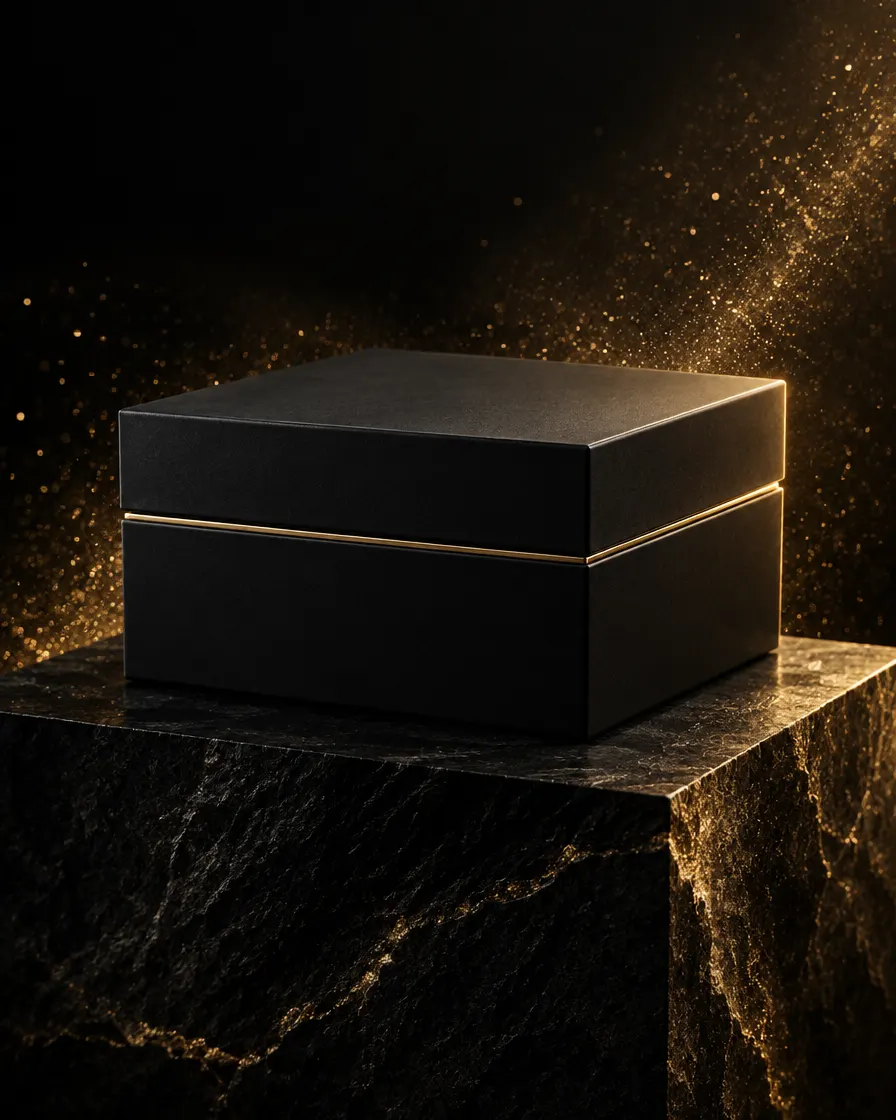 A closed black Maison D'Or gift box on dark marble, dusted with gold