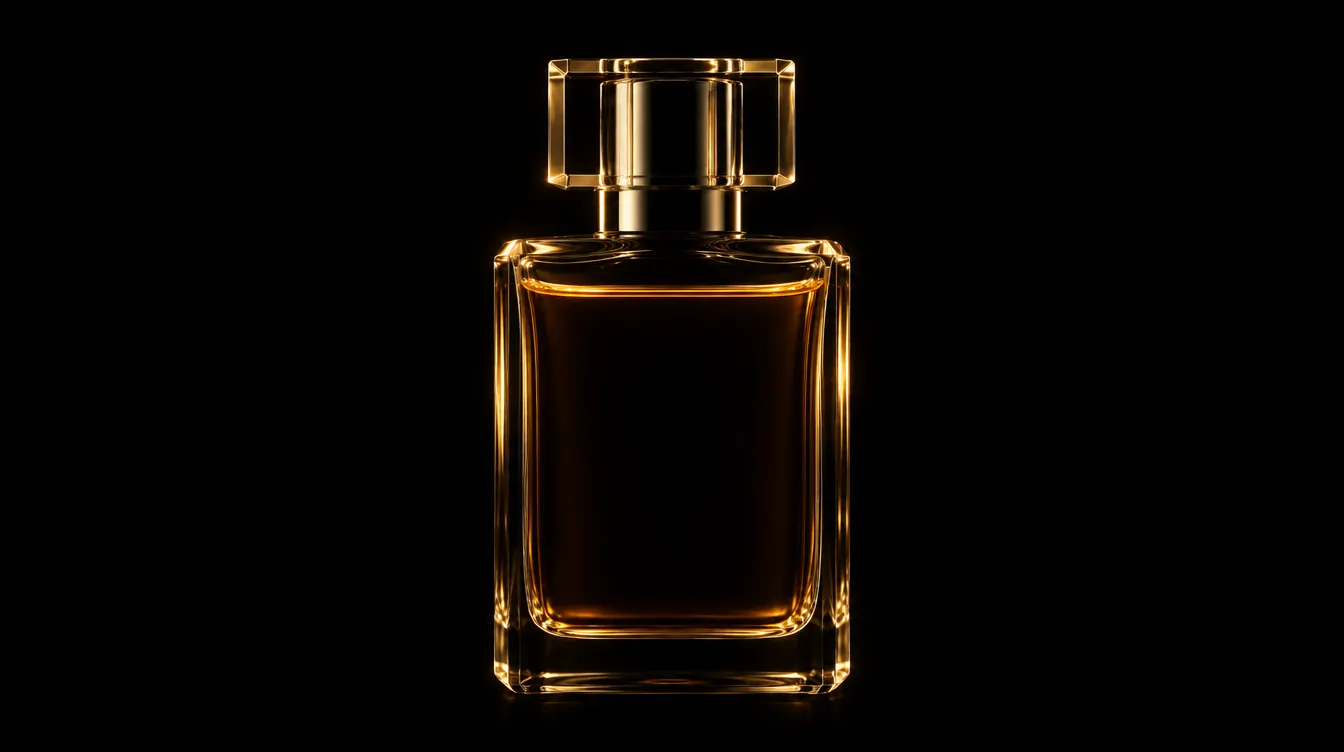 Maison D'Or perfume bottle, rim-lit in gold against darkness