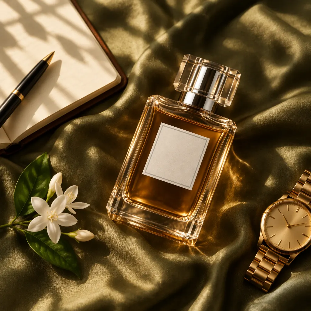 Flat-lay: the bottle on olive satin with a watch, pen and jasmine