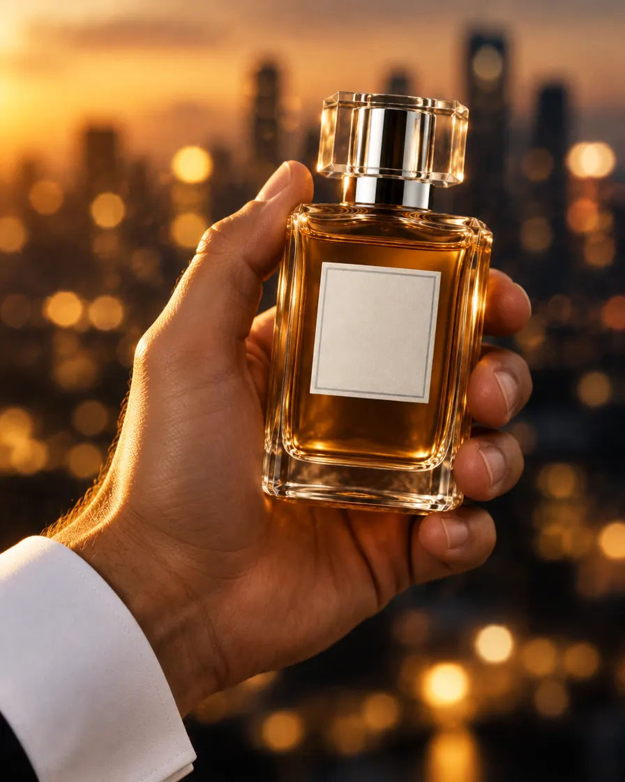 A hand holding the bottle against a city skyline at dusk