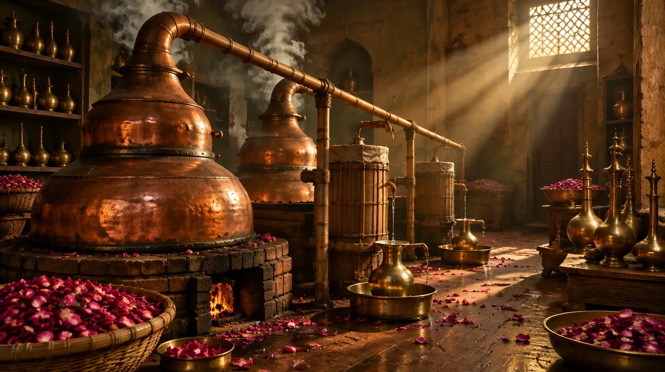 A traditional attar house: copper stills, rose petals and shafts of light